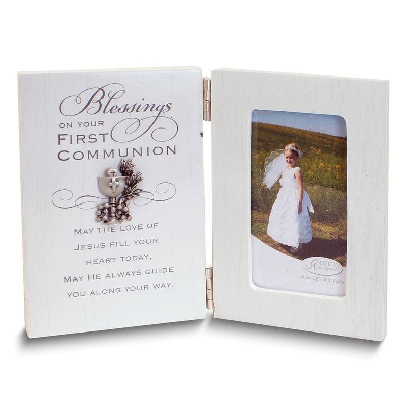 Curata Blessings on Your First Communion Sentiment Hinged Wooden 4.5x2.5 Frame with Chalice Boxed