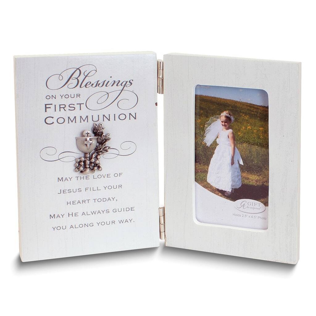 Curata Blessings on Your First Communion Sentiment Hinged Wooden 4.5x2.5 Frame with Chalice Boxed