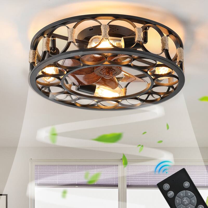 Oaks Aura 20in. Modern Industrial Low Profile Ceiling Fan with Light, Farmhouse Flush Mount Remote Control Ceiling Fan - Black