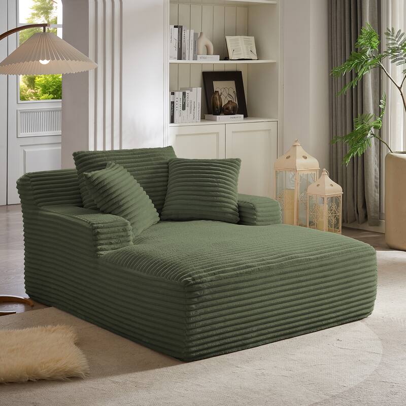 Lazy Sofa Chair Single Chaise Lounge Corduroy Upholstered Sleeper Sofa Ergonomic Couch Chair with Full Foam Cushion and Pillows