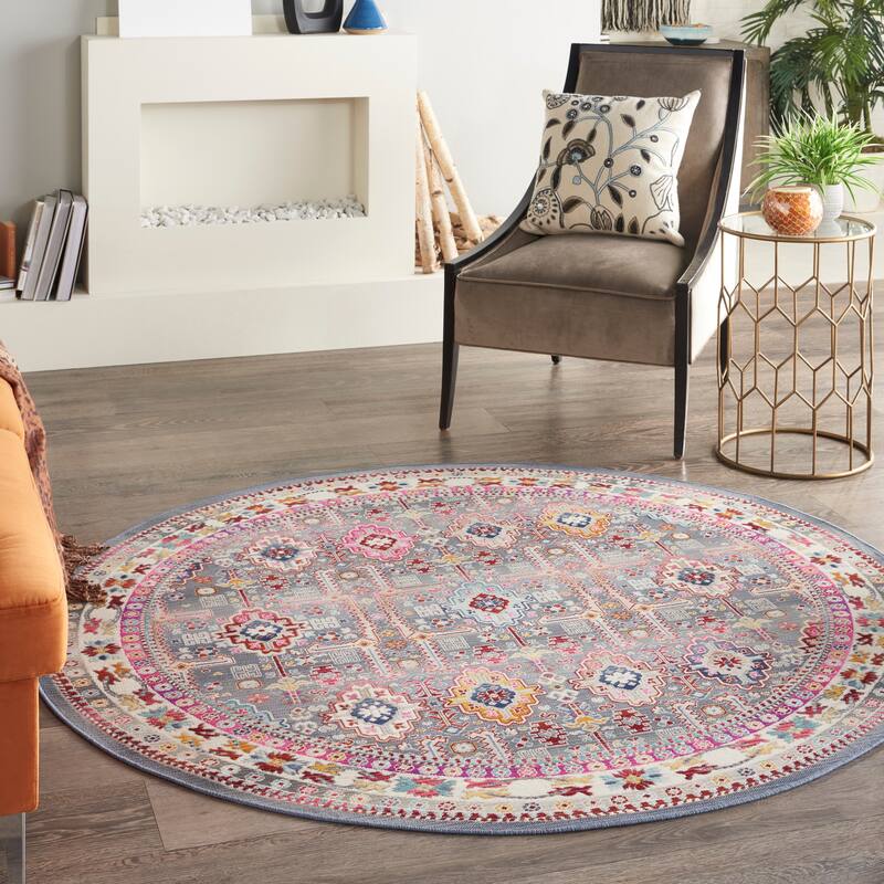 Nourison Vintage Kashan Modern Persian Geometric Medallion Area Rug - 6' Round - Grey/Multi - Runner/Round