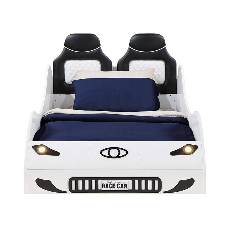 Upholstered Twin-Size Car Bed with LED - White
