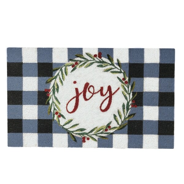 Farmhouse Living Holiday Joy Wreath with Plaid Coir Doormat. Opens flyout.