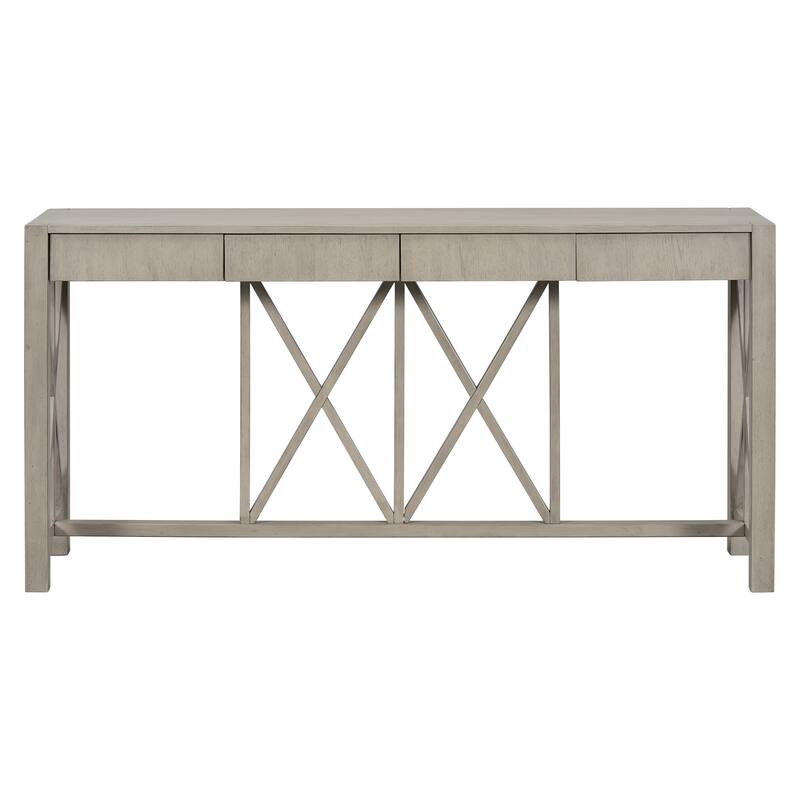 60''Acacia Veneer Console Table with 4 Spacious Drawers, Modern Crisscross Design Entryway Table with Open Bottom Storage