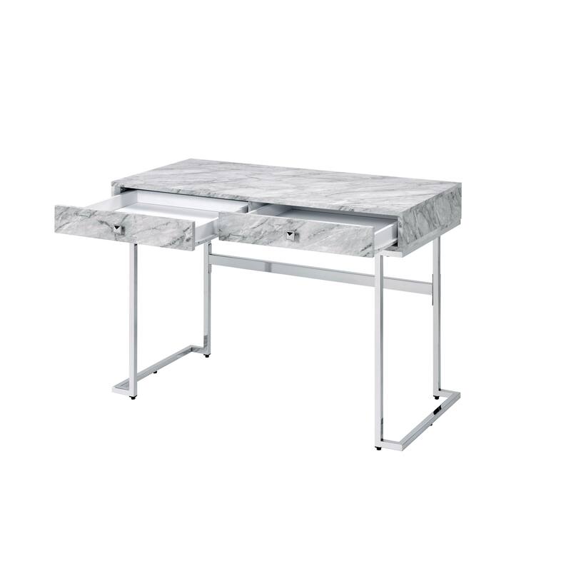 White Faux Marble Writing Desk with Chrome Finish Frame Modern Home Office Desk - N/A