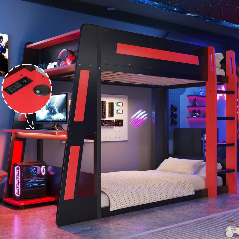 Gaming Bunk Bed with Computer Desk, Storage Shelves, USB Port and LED Strip Lighting, Esports Design, Wooden Gaming Bed