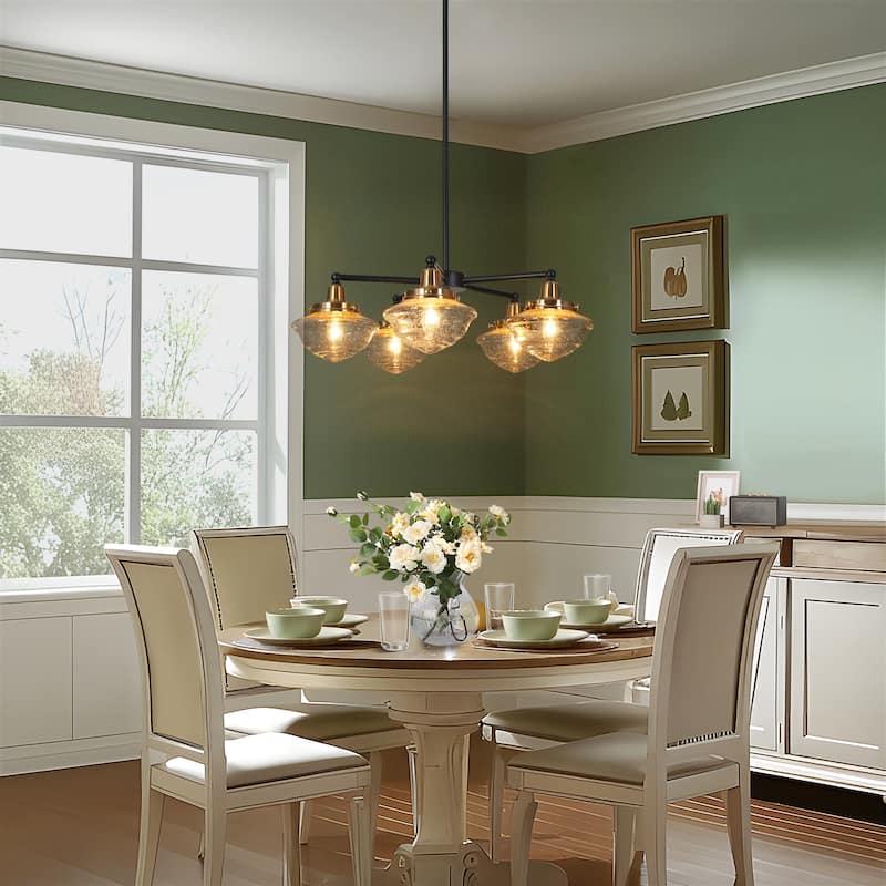 Mid-Century Modern 3/5-Light Black Gold Wheel Chandelier Seeded Glass Pendant Light for Dining Room