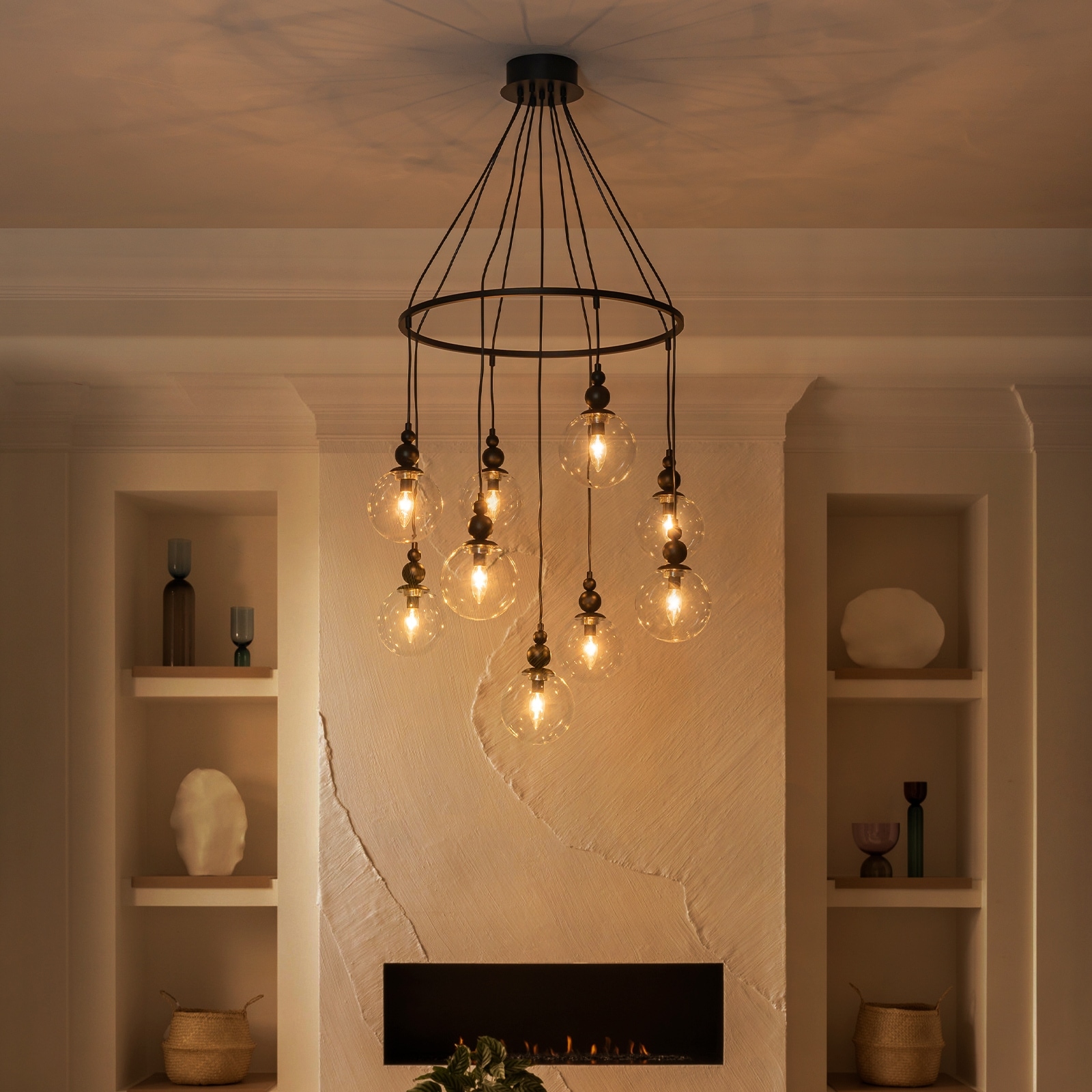 Black Metal Ring Chandelier with Clear Glass Globes Modern Pendant - Dia.28.74-in