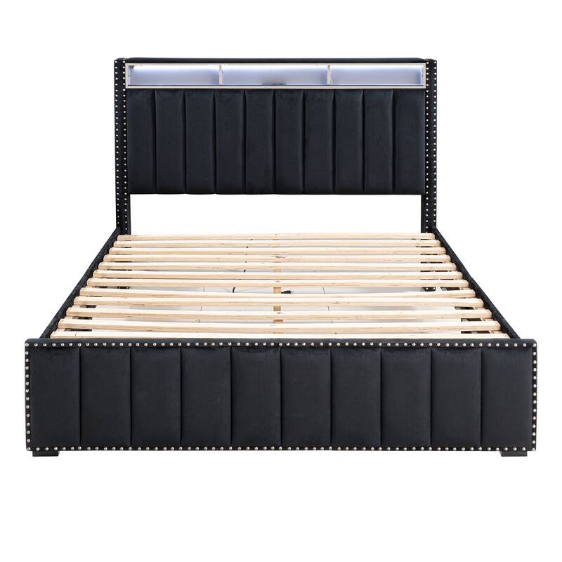 Modern Black Solid Wood Bed Frame with Open Compartments