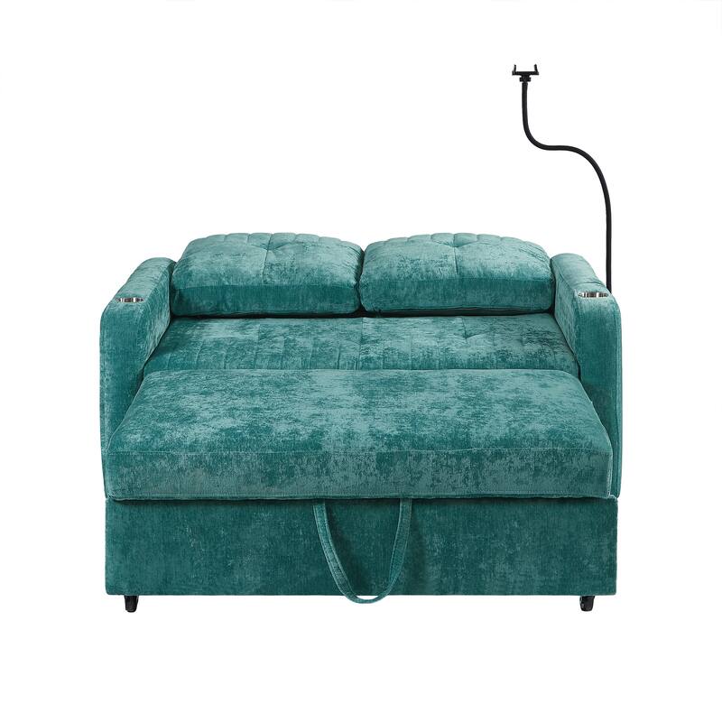Chenille Loveseat Convertible Pull-out Sleeper Sofa Bed, Tufted Couch w2 Cup Holders Phone Holder & 3 USB Ports, Pockets