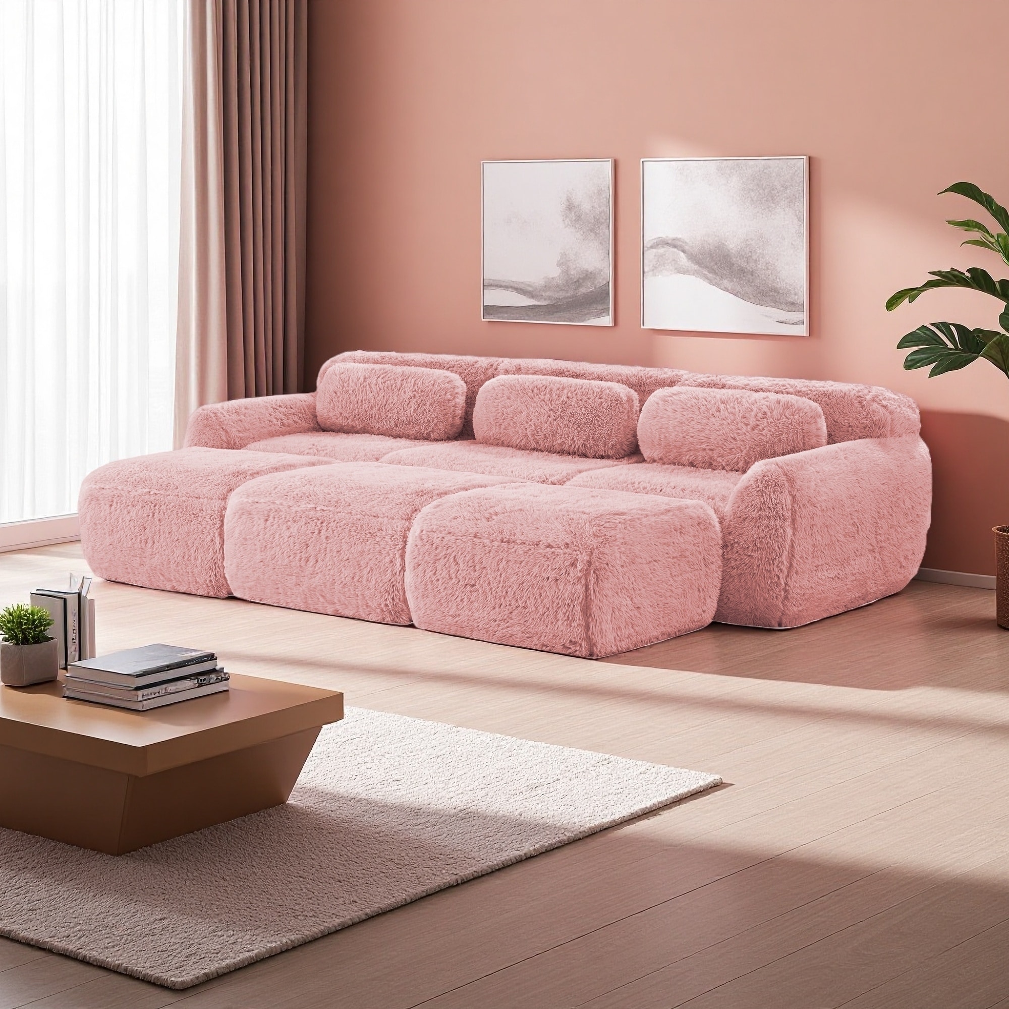 114.7" Plush Sofa with Movable Ottoman, Free Combination and No Assembly Required (3-Seater)