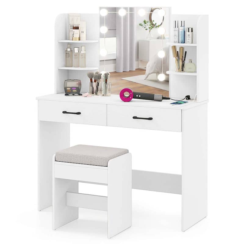 Makeup Vanity Desk Dressing Table & Stool Set w/ Lighted Mirror - White
