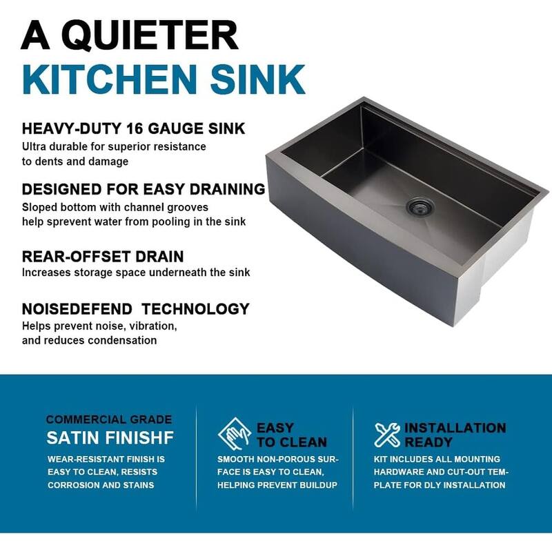 36 Inch Apron Front Workstation Farmhouse Kitchen Sink Single Bowl - Gunmetal Black