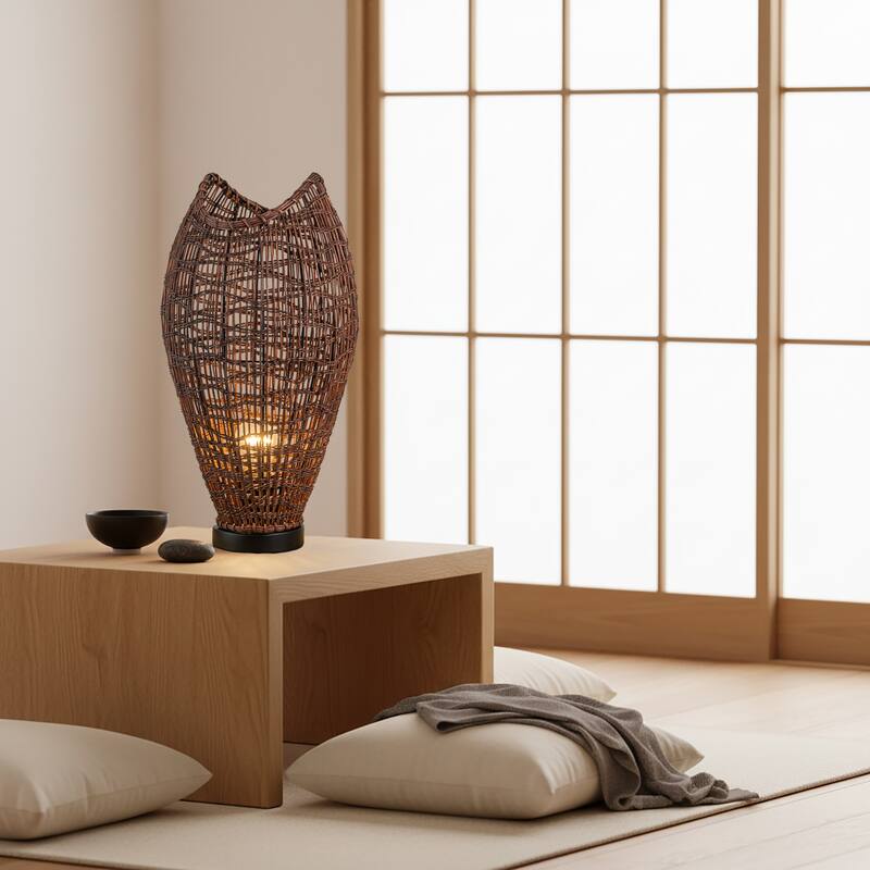 Kyoto 1-Light Rattan Table Lamp, Coastal Boho Japandi - Handwoven - 18" Tall