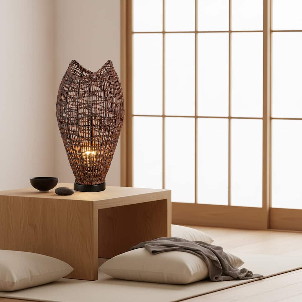 Kyoto 1-Light Rattan Table Lamp, Coastal Boho Japandi - Handwoven - 18" Tall