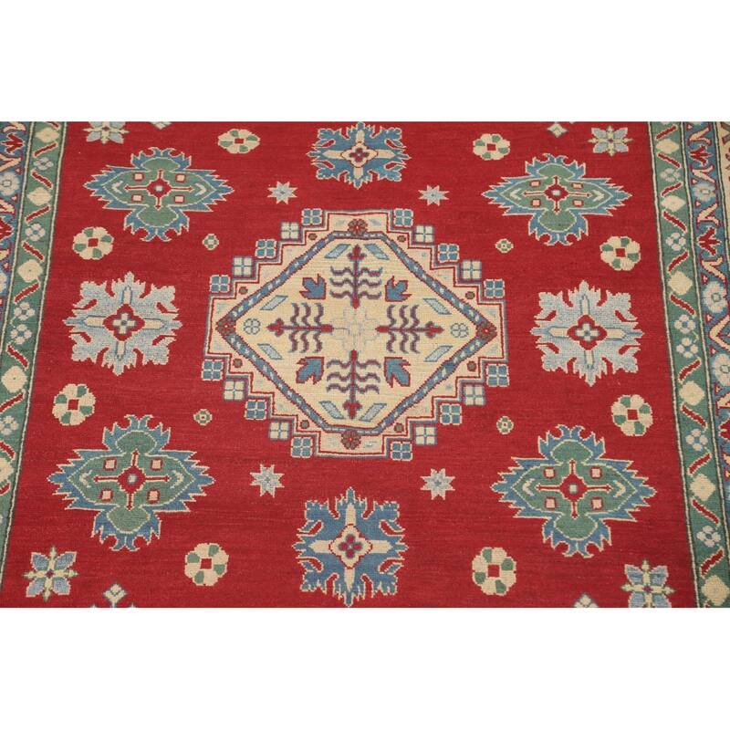 Geometric Red Kazak Area Rug Hand-Knotted Oriental Wool Carpet - 6'8" x 10'2"