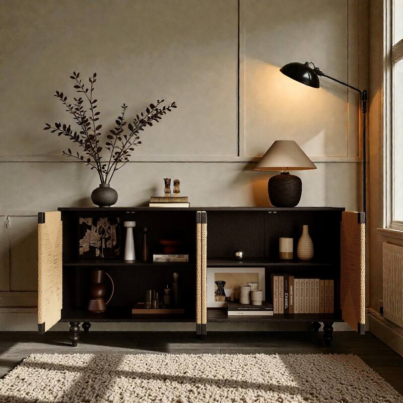 Wood Sideboard Buffet Cabinet with Handwoven Seagrass Doors, Black Storage Console for Dining Room and Entryway