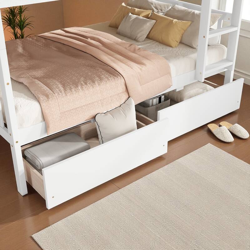 Twin Over Twin Rubber Wood Bunk Bed with 2 Drawers, Convertible into 2 Twin Beds, Ladder and Safety Guardrails