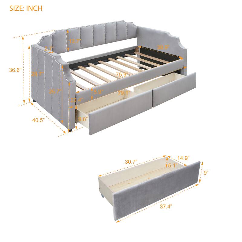 Upholstered Twin Daybed with Storage Drawers, Velvet Fabric, Wood Frame, Space-Saving Bed for Bedroom or Guest Room