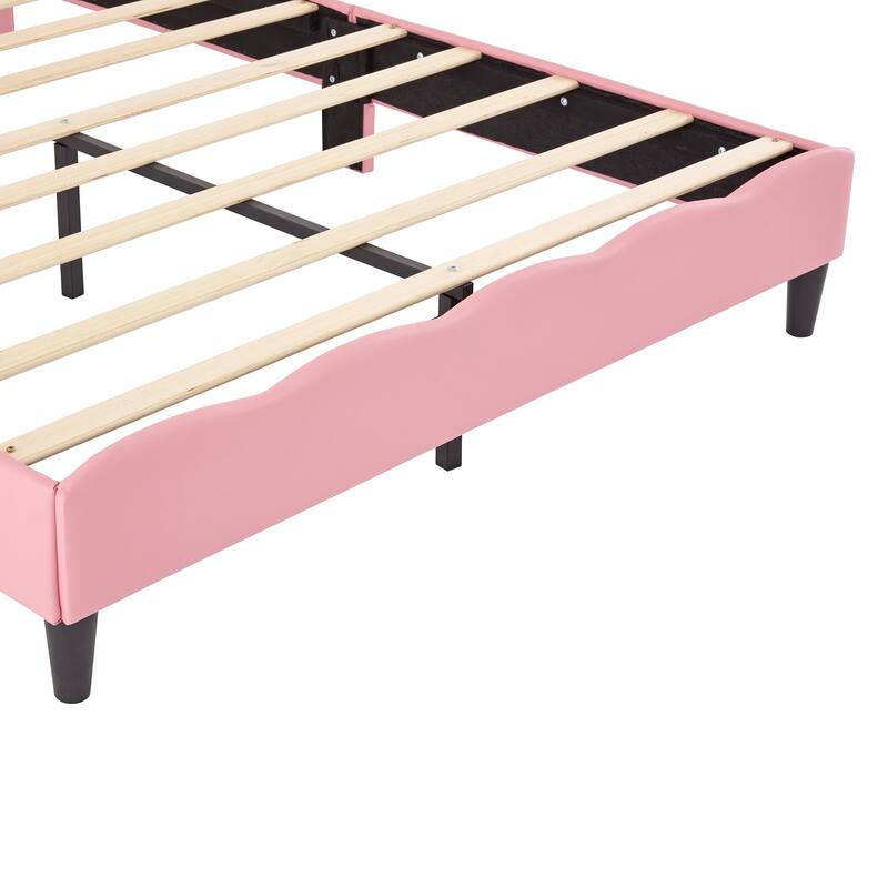 Full Size Princess Bed with Dreamy Crown Headboard, Soft PU Leather Upholstery, and Tufted Detailing - Pink & Cream