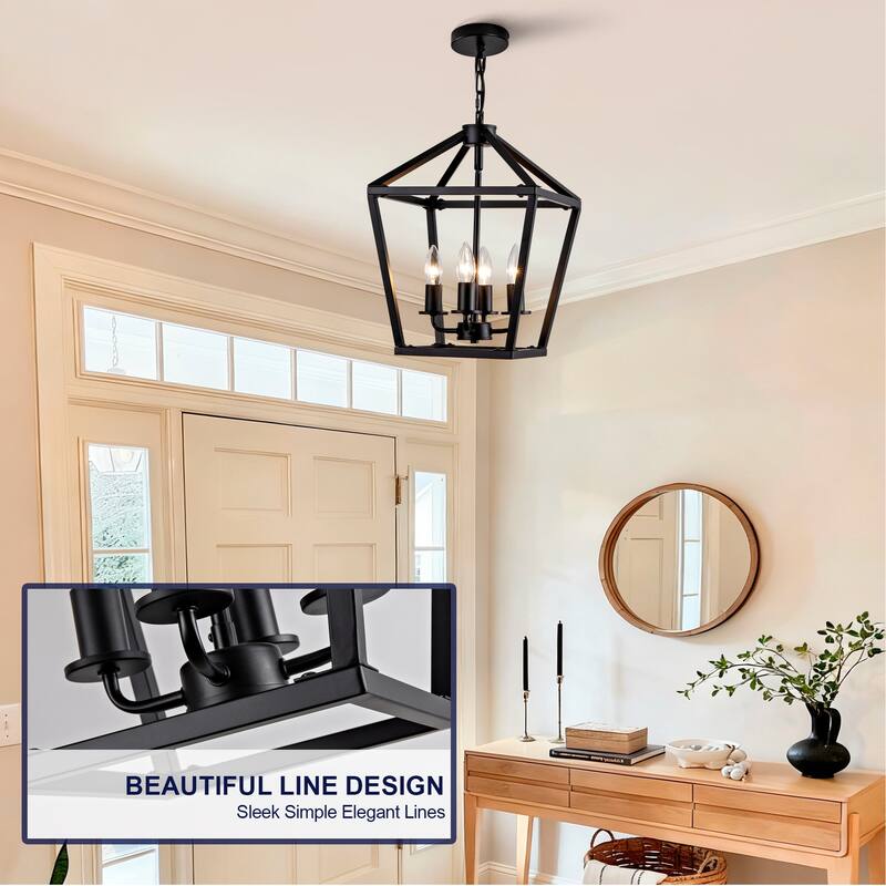 Farmhouse Lantern Chandelier 4-Light with Rustic Open Cage and Adjustable Hanging Height