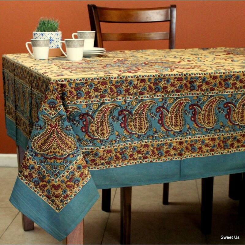 Cotton Block Print Paisley Floral Tablecloth Rectangle