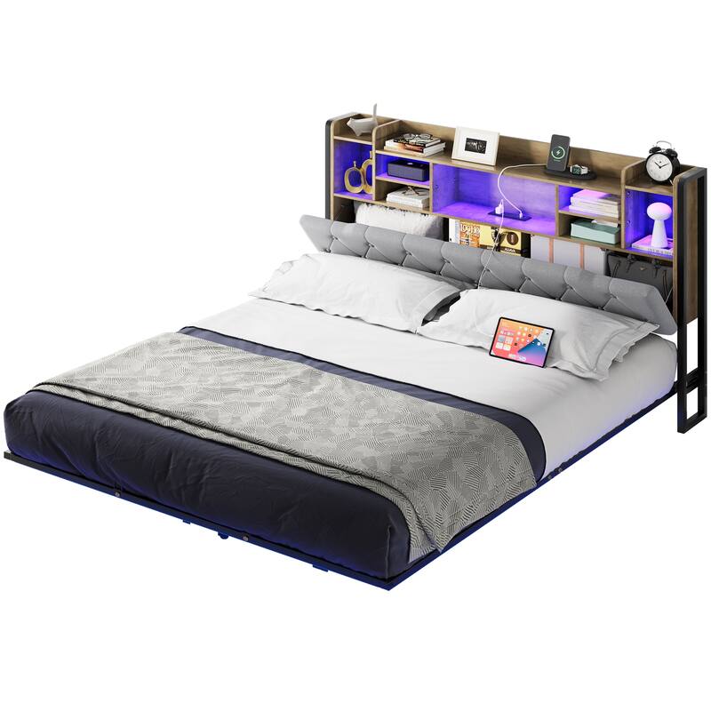 Moasis Floating Bed Frame Upholstered Platform Bed with RGB LED Lights Headboard Storage and Charging Station