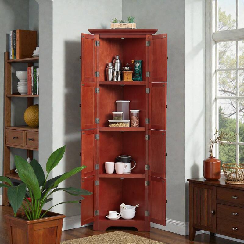72 Inch Corner Kitchen Pantry Cabinet with 8 Doors, 4-Tier Tall Storage Cabinet for Living Room, Bathroom, Farmhouse Style