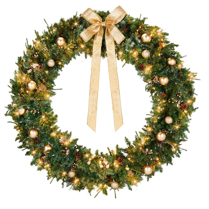 4Pre-lit Christmas Wreath with Warm White Lights and DIY Ornaments for Front Door Gate Wall Xmas Party Decorations