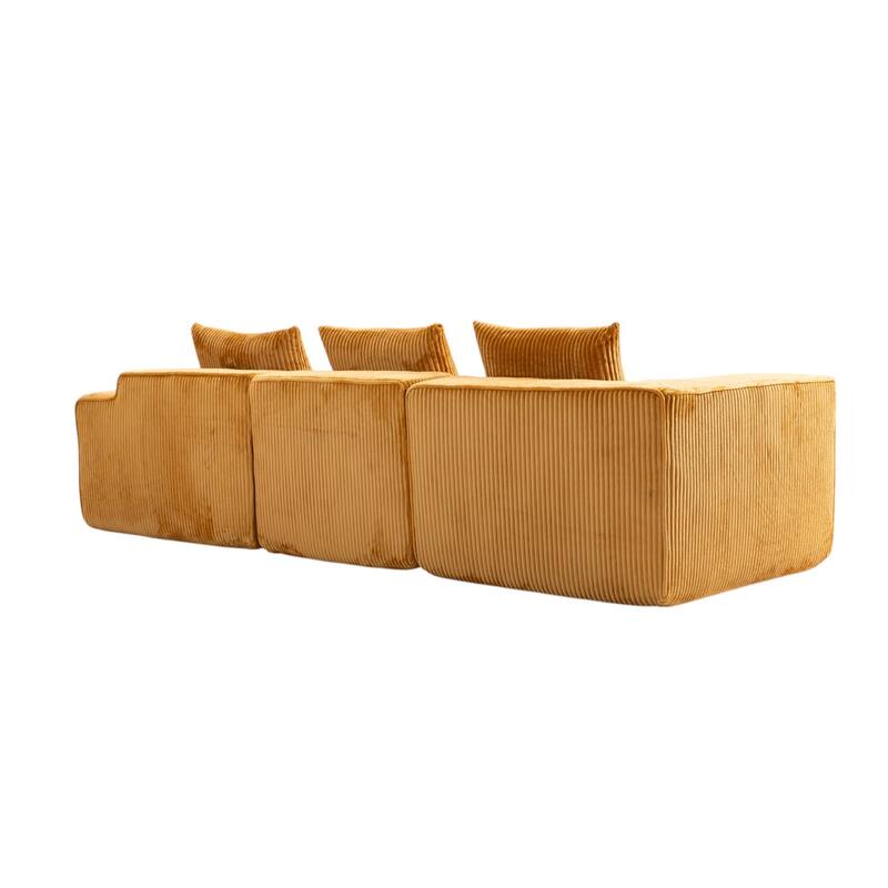 HomeRoots 111" Gold Corduroy Modular Ribbed Compression Foam Sofa With Toss Pillows