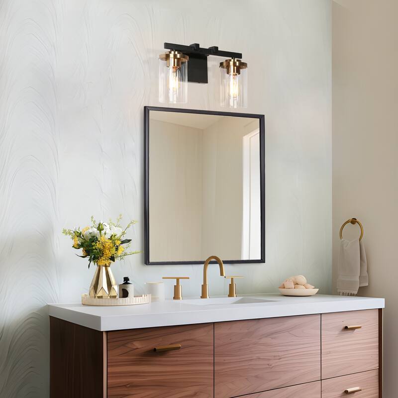 Modern Farmhouse 2-Light Black Gold Bathroom Vanity Light Glass Wall Lighting - 14" L x 6" W x 8" H