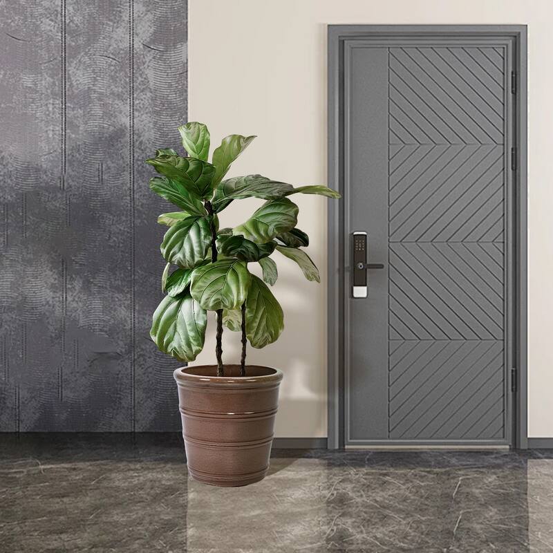 Handmade Glazed Ceramic Planter Set of 3, 16/13/10 Inch Diameter, Horizontal Rib Design