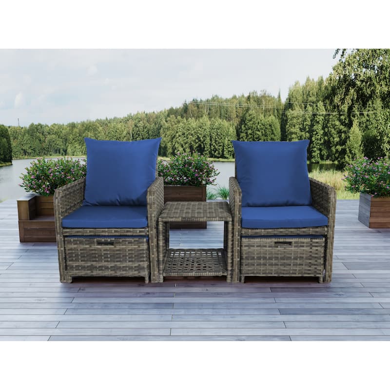 5-Piece PE Rattan Outdoor Patio Set with 2 Chairs, 2 Ottomans, Coffee Table