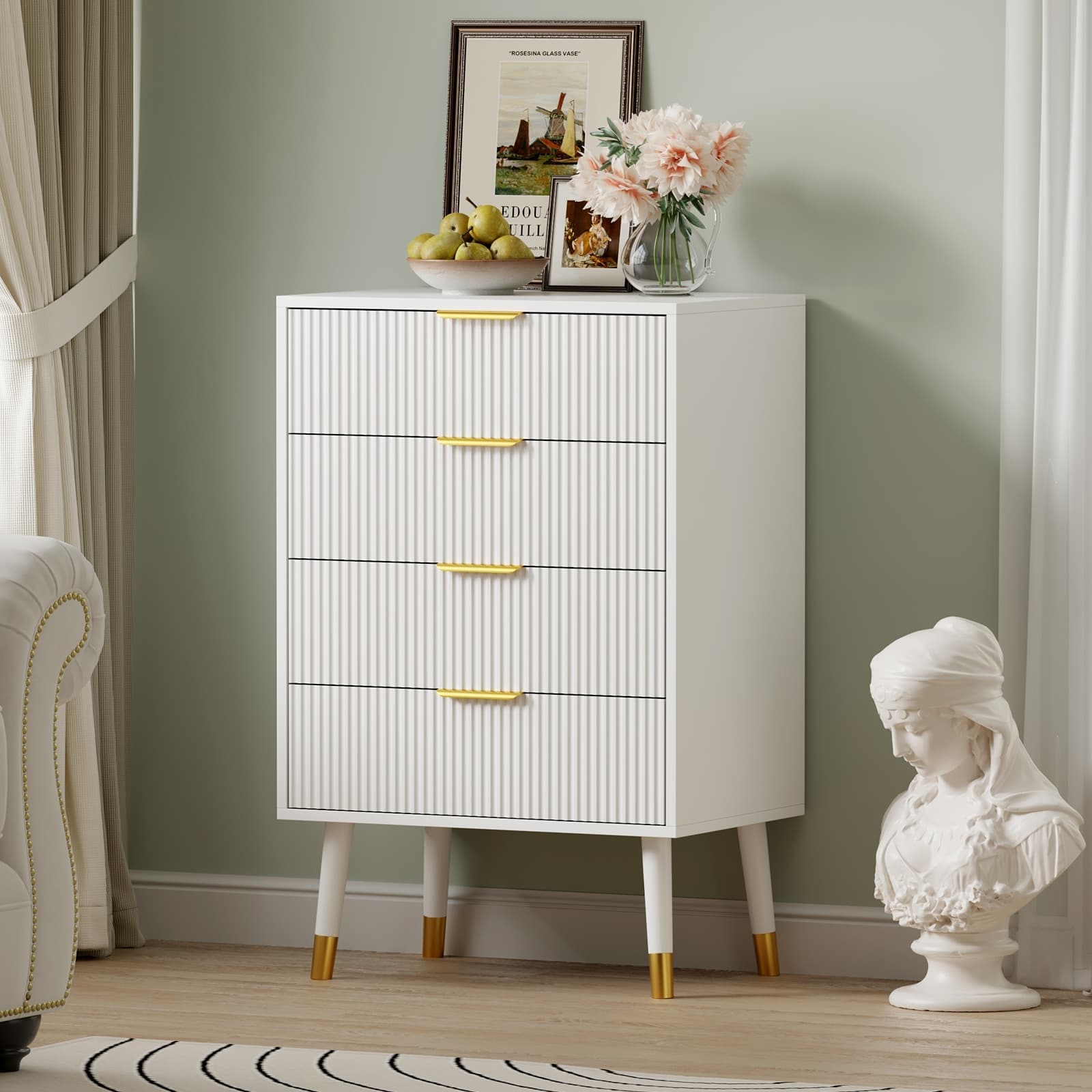 4-Drawer White Wood Dresser, Storage Chest Cabinet Organizer for Bedroom, Living Room, Hallway