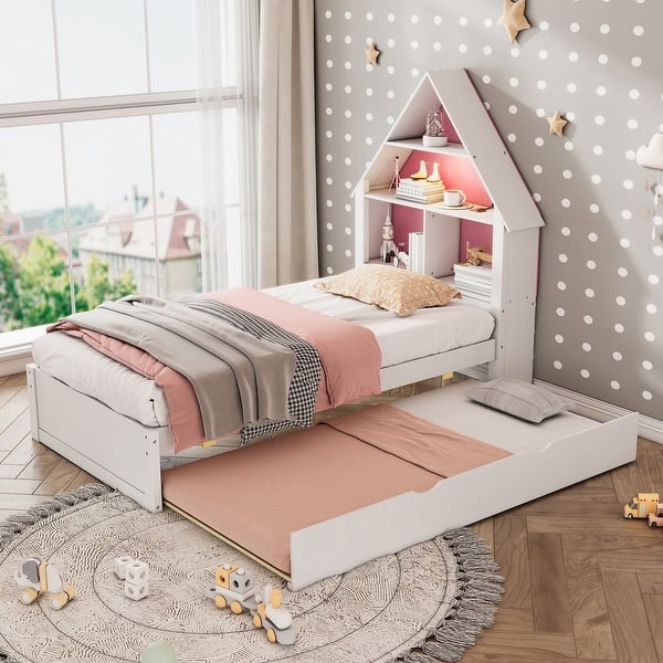 slide 2 of 18, 85.20" Wood Frame Twin Trundle Bed with Bookcase Headboard and Led Light White+Pink