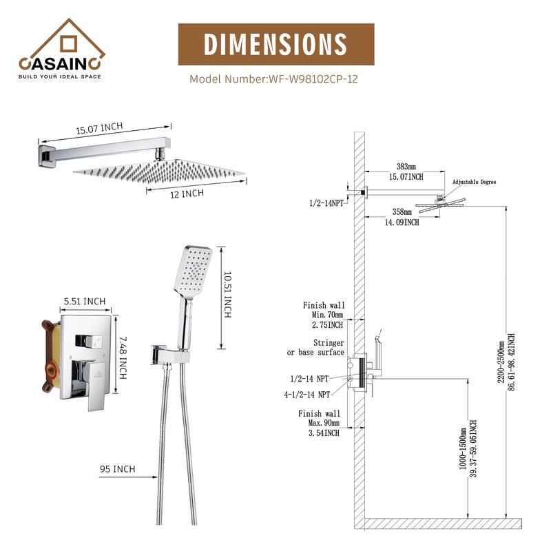 3-Spray 12 in. Ceiling Mount Dual Shower Heads 2.5 GPM Fixed and Handheld Shower Head - 12 inch