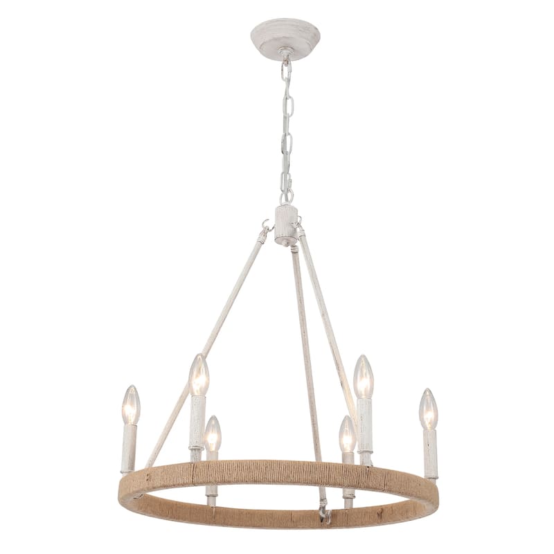 6-Light Rustic Hemp Rope Wagon Wheel Chandelier for Bedroom Foyer Entryway