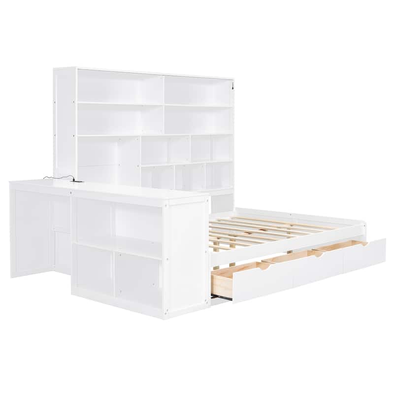 Modern Storage Bed Frame with 3 Drawers, All-in-One Bookshelf, Desk, Full Size Daybed with Wood Slats Support for Bedroom