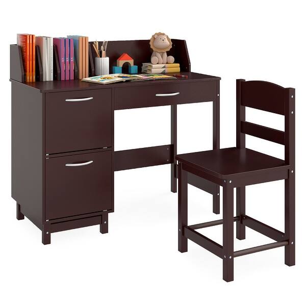 slide 2 of 9, Gymax Kids Study Desk & Chair Set w/Chair 2 Storage Cabinets Drawer 4 Black
