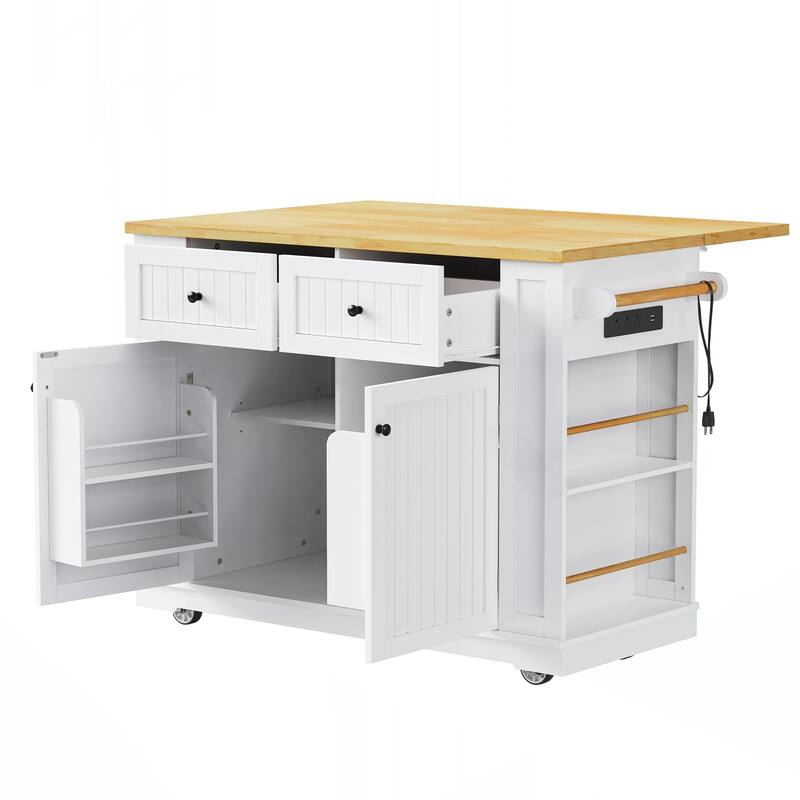 Kitchen Island with 2 Bar Stools, Power Outlet, Door Internal Storage Rack, Kitchen Storage Cart on 5 Wheels with Drop Leaf