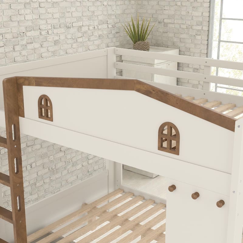 Queen Over Queen Solid Wood Bunk Bed with Storage Drawers and Shelves, Built In Hooks, No Box Spring