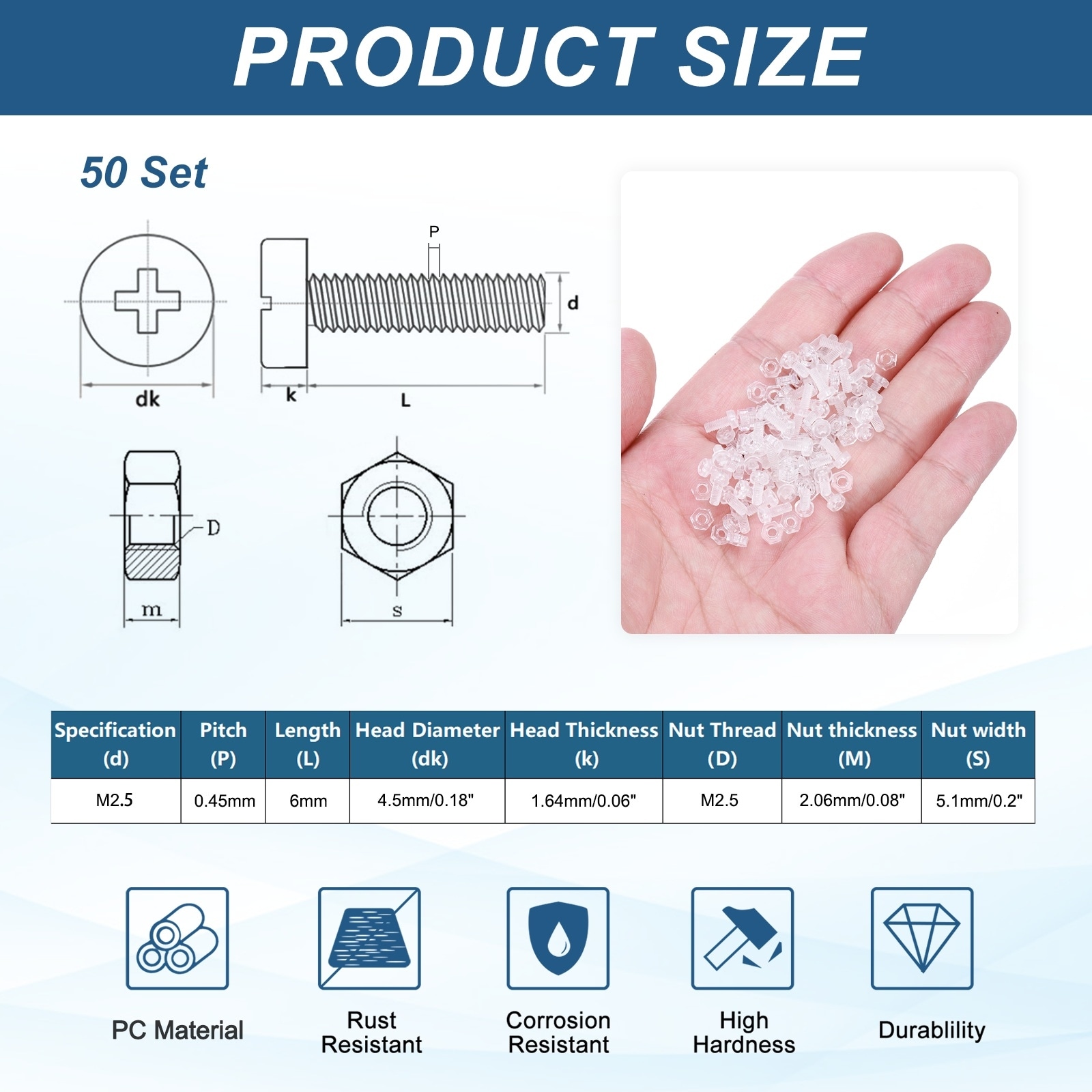 Clear PC Plastic Self-tapping Screw and Hex Nuts Kit, Phillips Round Head Bolts for Machine Accessories, Transparent