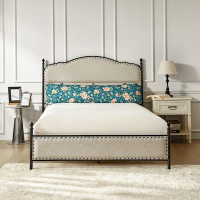 Eulalia Transitional Upholstered Platform Metal Bed Frame Four Poster Bed with High Headboard&Pillow