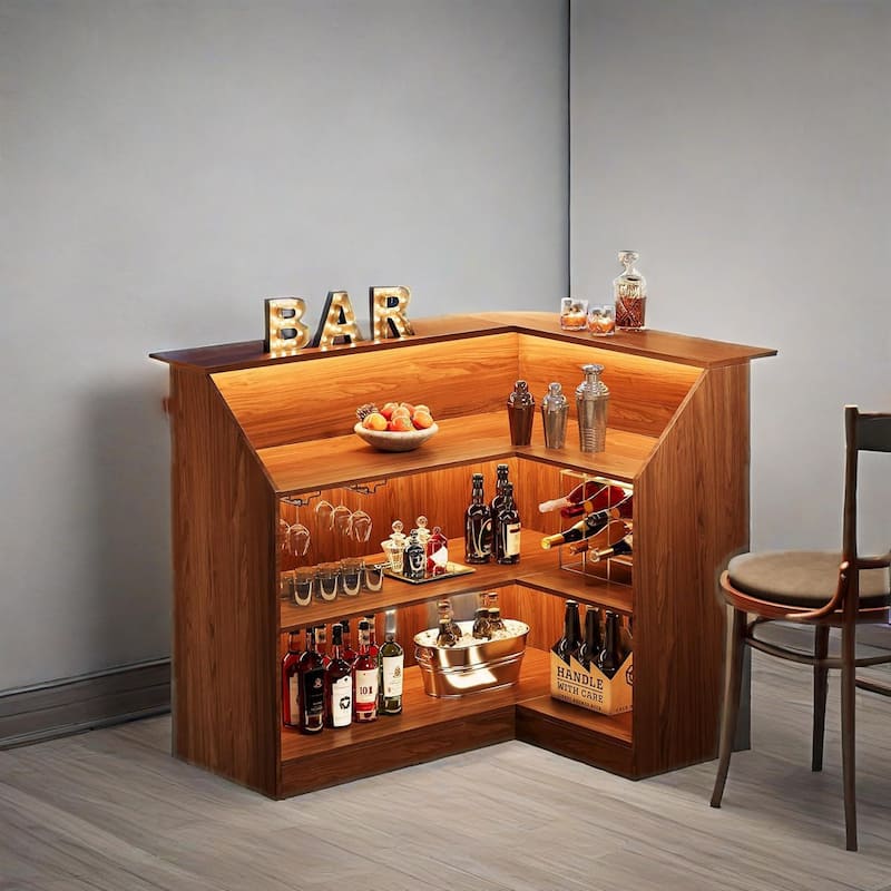 Red Brown L-Shaped Bar Unit with 4-Tier Shelves and Wine Glass Racks for Living Room or Basement - 51.2"L x 39.4"W x 44"H