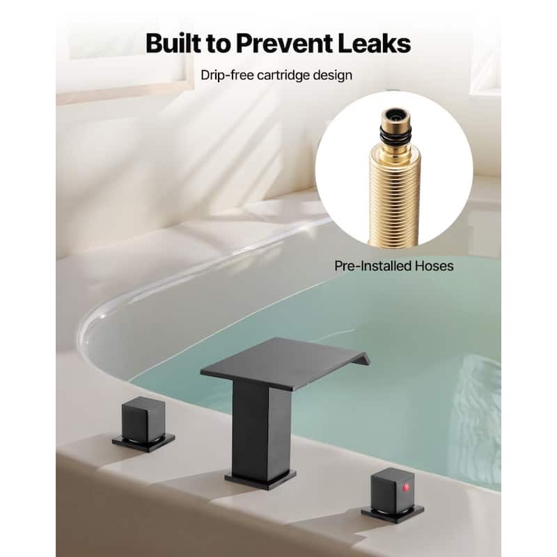 Matte Black Stainless Steel Roman Tub Faucet Set with Widespread 3-Hole and Deck Mount - 6.10” x 7.68” x 3.94”