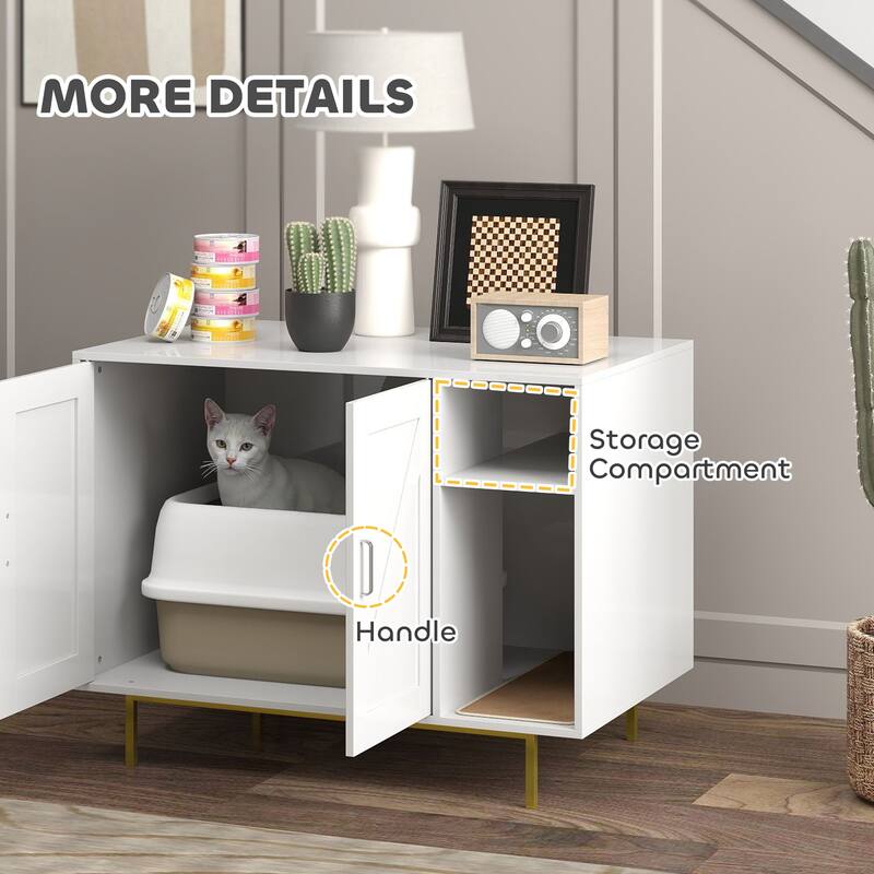 PawHut Cat Litter Box Enclosure, Kitty Litter Box Furniture with Scratching Pad, Storage, White