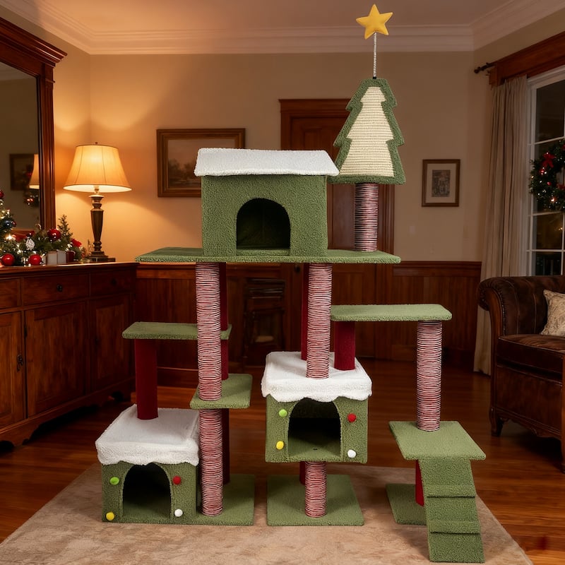 Wide Christmas Cat Tree Tower for Indoor Cats, Wood Cat Tree With Large Condo Wood ladder - Red