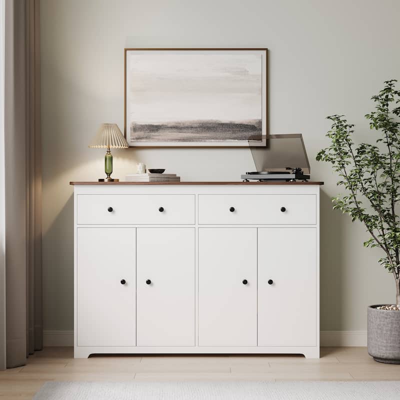 Modern Storage Sideboard Buffet Cabinet with 2 Drawers and 4 Doors for Living Room,Dining room,Kitchen,Coffee Bar, In White - Cherry Brown&White