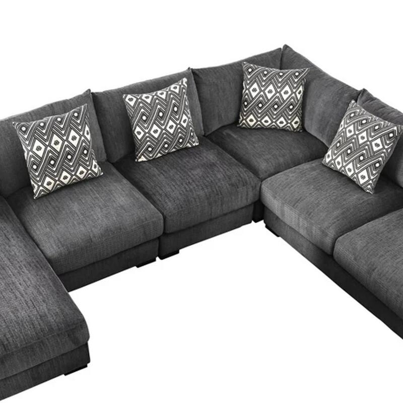 U Shaped Sectional with 6 Accent Pillows, Gray