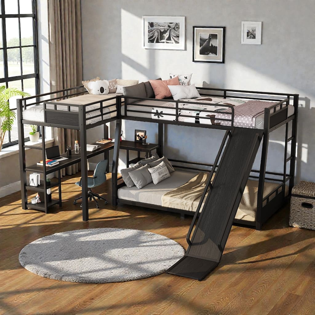 L-Shaped Metal Triple Bunk Bed with Slide, Full XL Over Queen and Twin XL Loft with Desk and Shelves